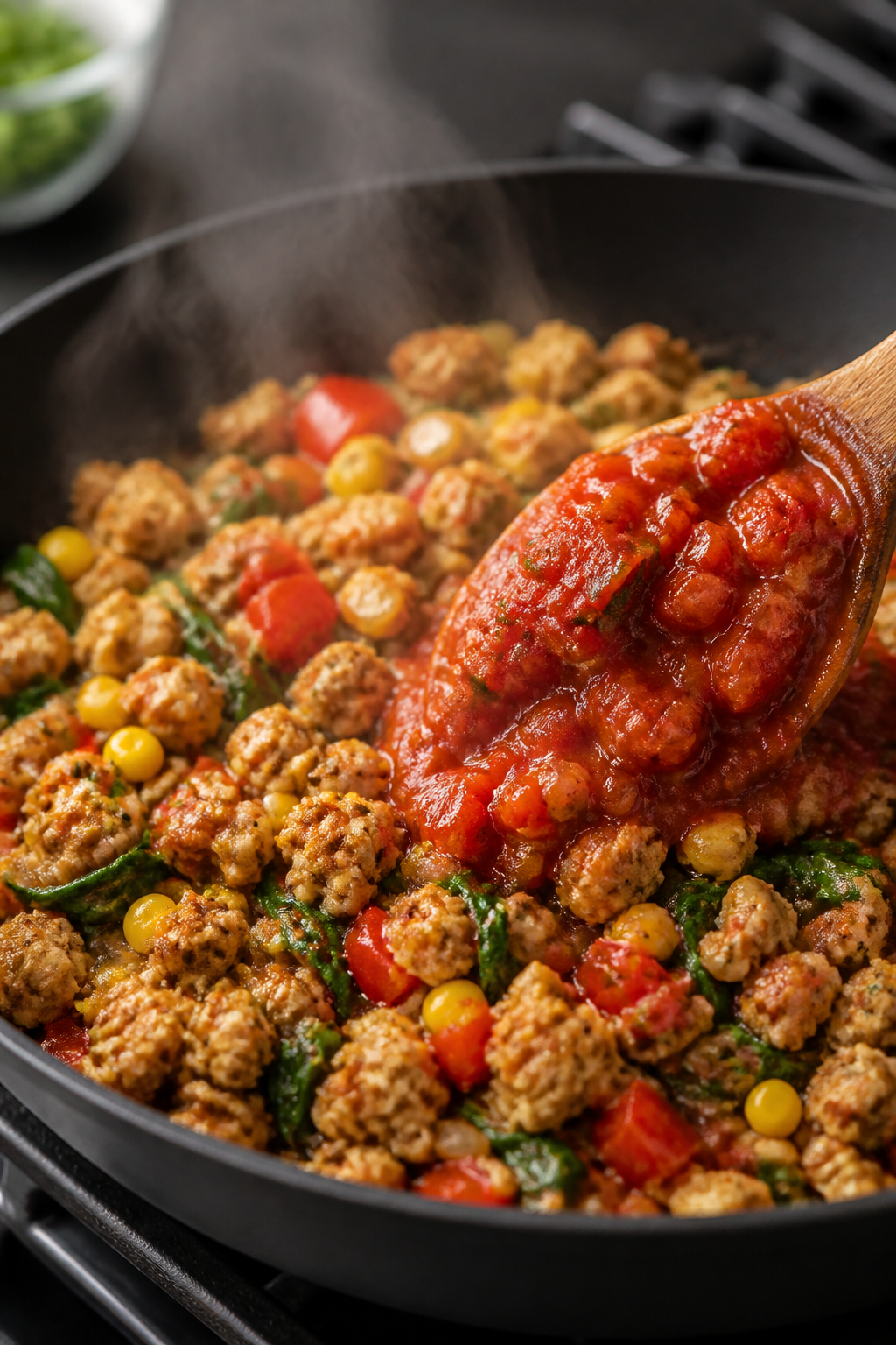 Cooking process close-up: Sautéed turkey-veggie filling in a black skillet, showing browned lean gr