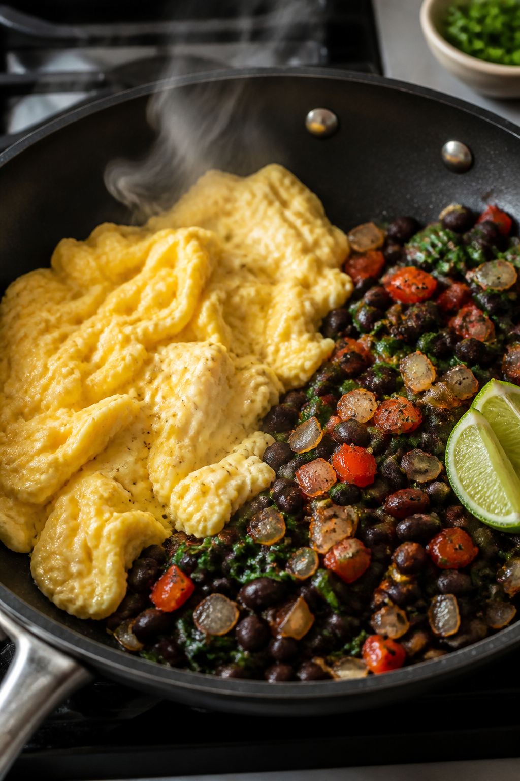 Cooking process close-up: Scrambled eggs being gently folded in a nonstick skillet beside a glossy, 