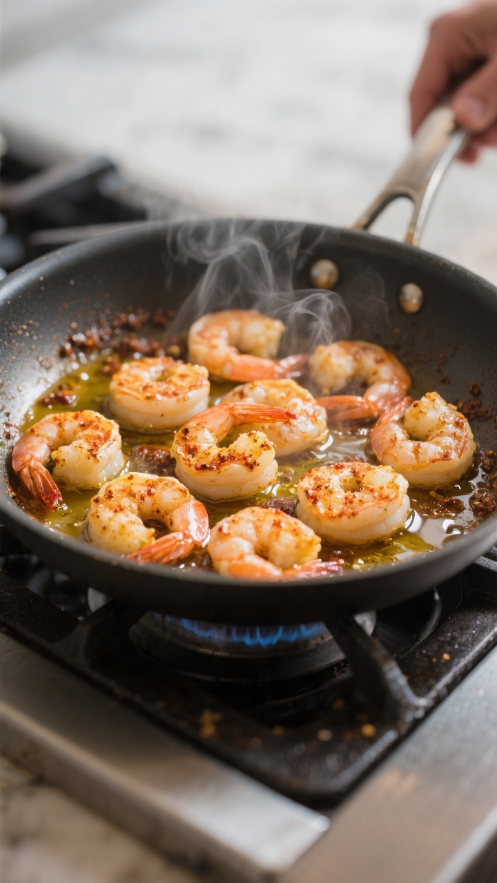 Cooking process, close-up: Searing Cajun-seasoned shrimp in a large skillet, shrimp just turning opa