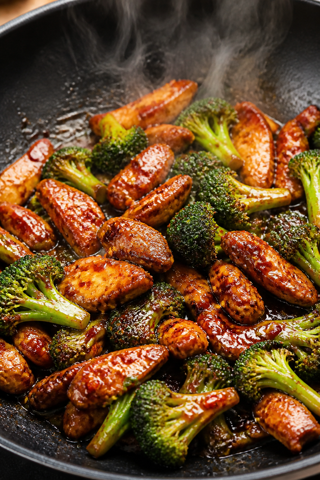 Cooking process, close-up: Searing sweet chili–coated chicken strips in a hot wok, edges carameliz