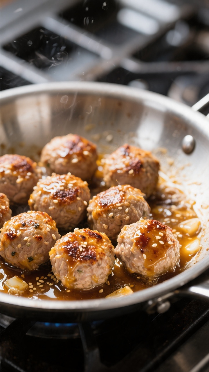Cooking process, close-up: Searing turkey meatballs in a stainless-steel skillet, golden-brown crust