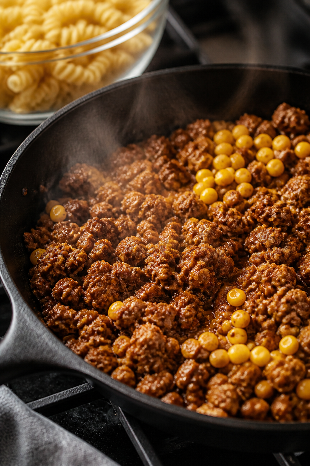 Cooking process close-up: Seasoned ground turkey browning in a cast-iron skillet, taco seasoning blo