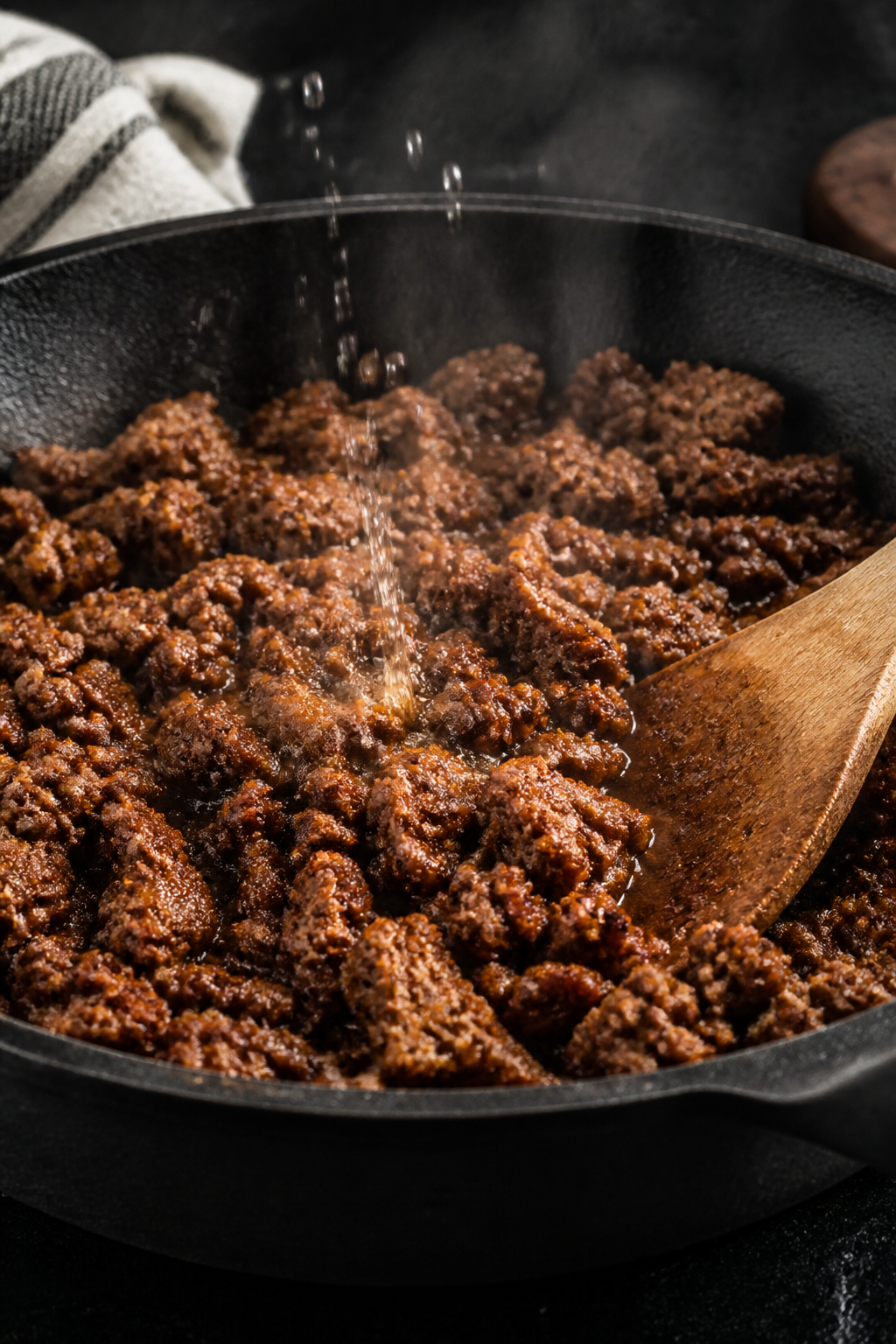 Cooking process close-up: Seasoned lean ground beef sizzling in a cast-iron skillet, glistening with