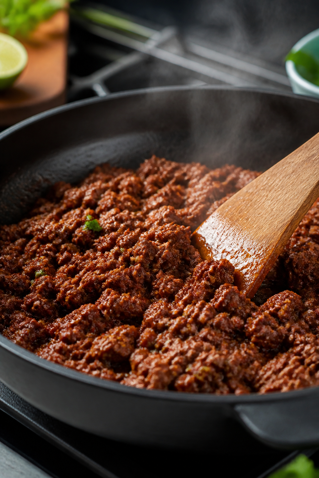 Cooking process close-up: Seasoned lean ground beef sizzling in a skillet, glossy from a reduced spi
