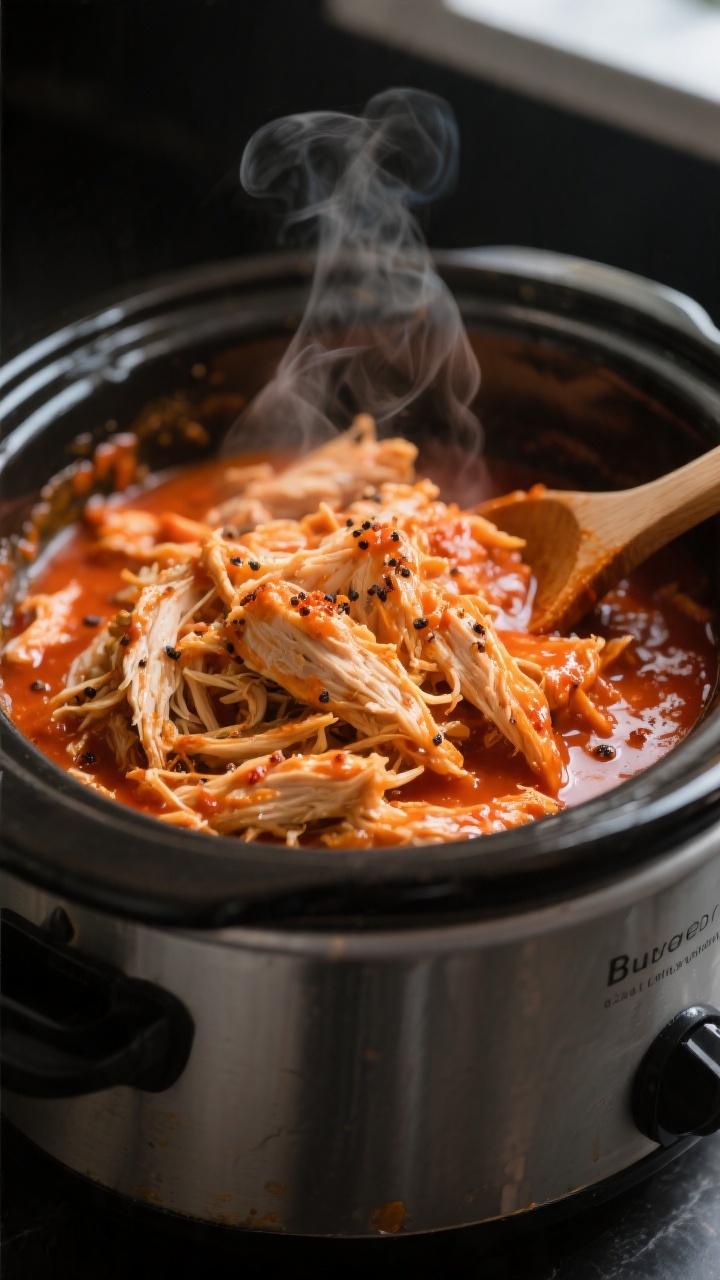 Cooking process, close-up: Shredded buffalo chicken just returned to the crockpot, glistening in a t