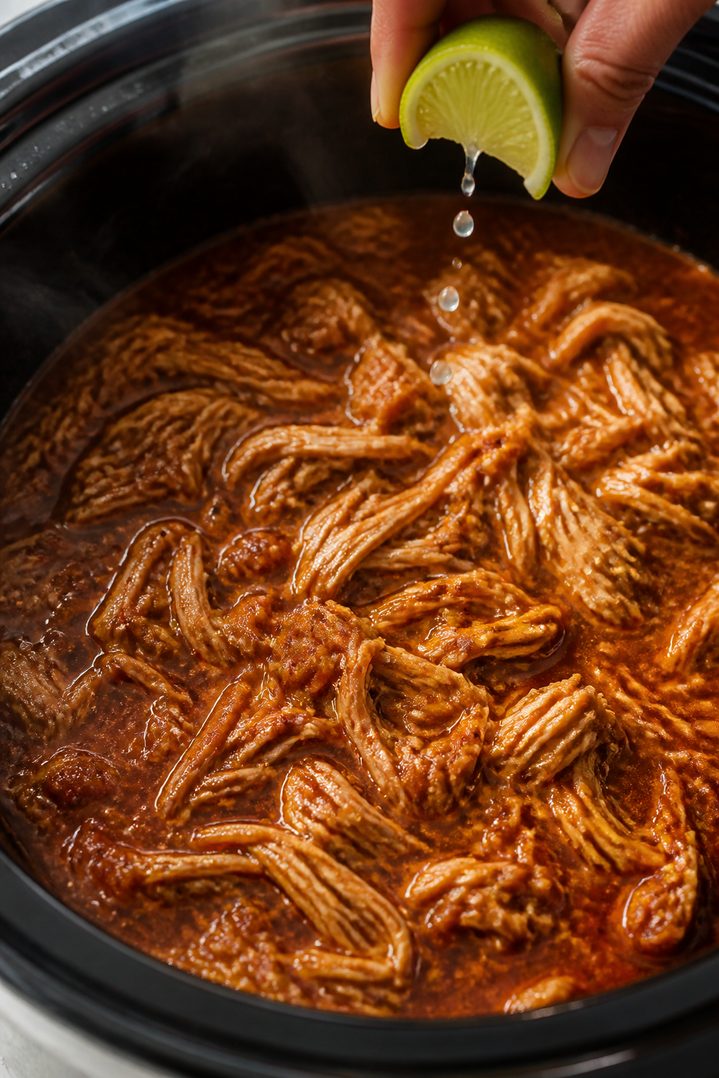 Cooking process, close-up: Shredded crockpot chicken just returned to the slow cooker, glistening in