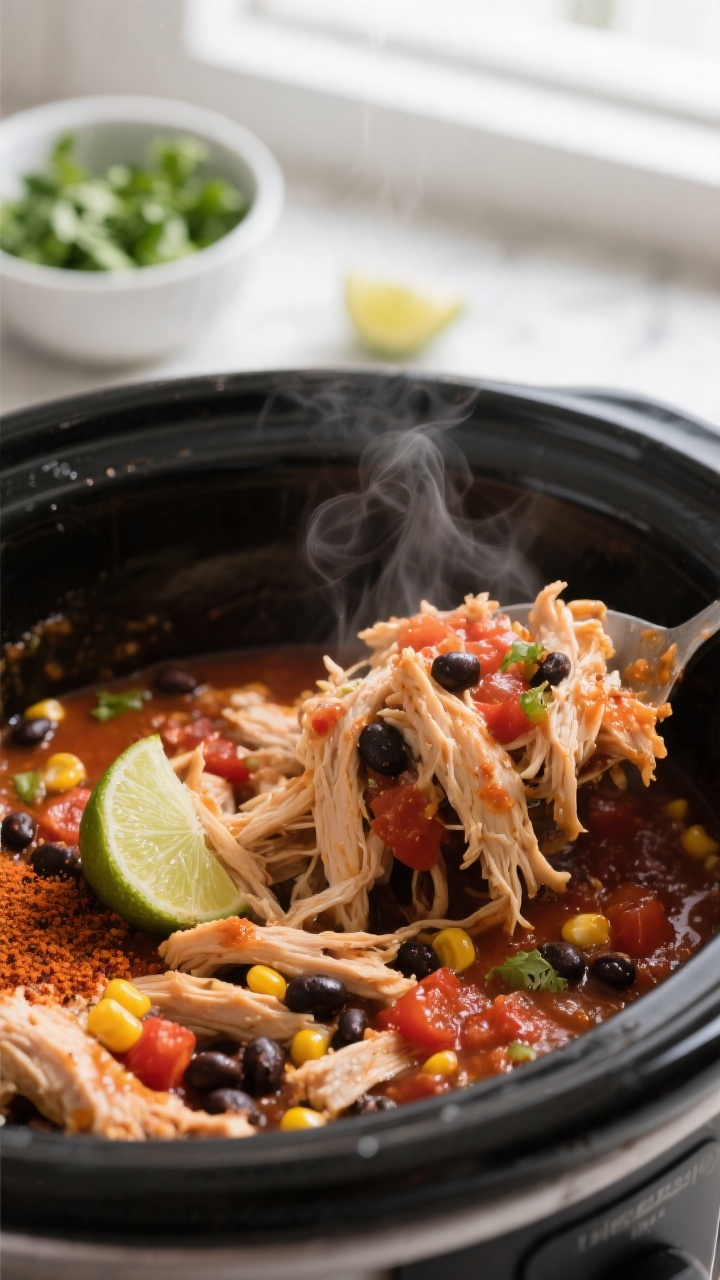 Cooking process, close-up: Shredded Crockpot Mexican Chicken being folded back into its rich, saucy 