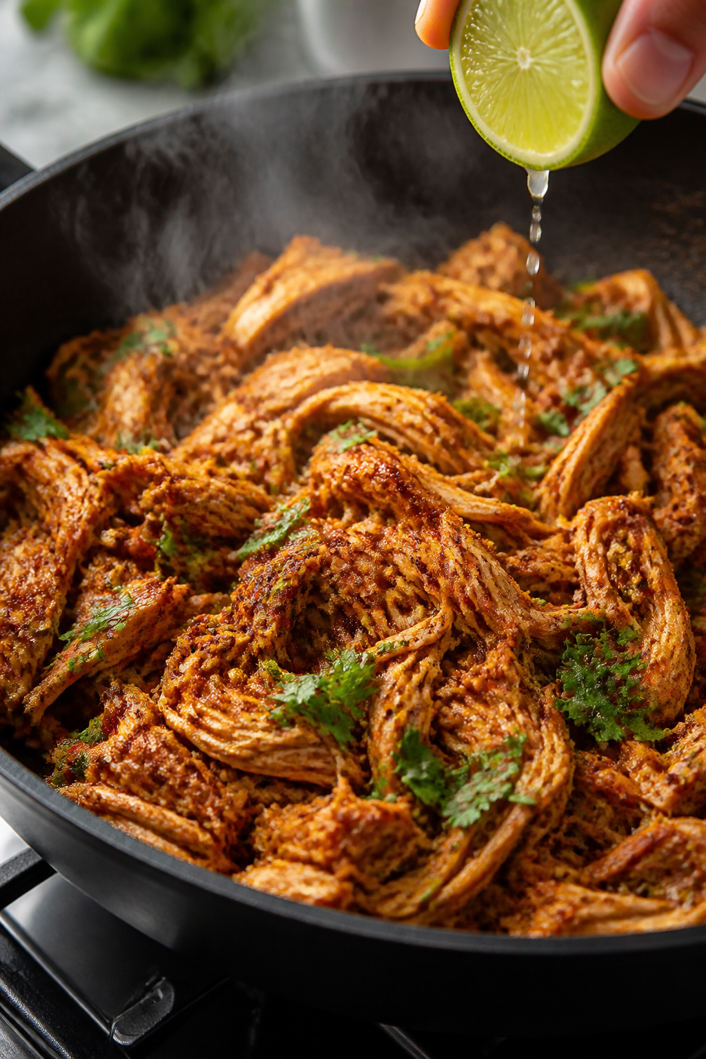 Cooking process close-up: Shredded rotisserie chicken sizzling in a skillet, coated in a deep-red sp
