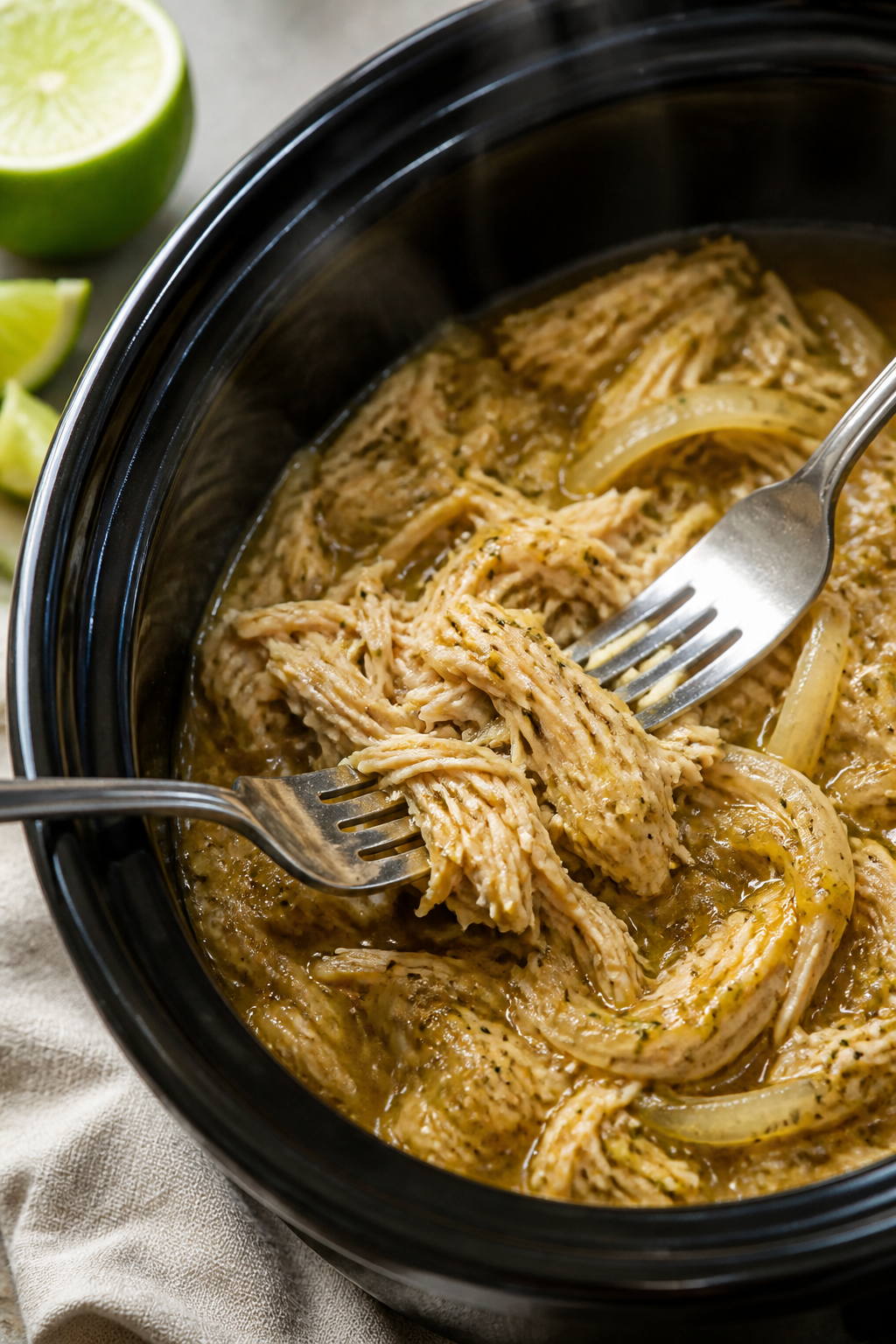 Cooking process close-up: Shredded salsa verde chicken just returned to the slow cooker, glistening 
