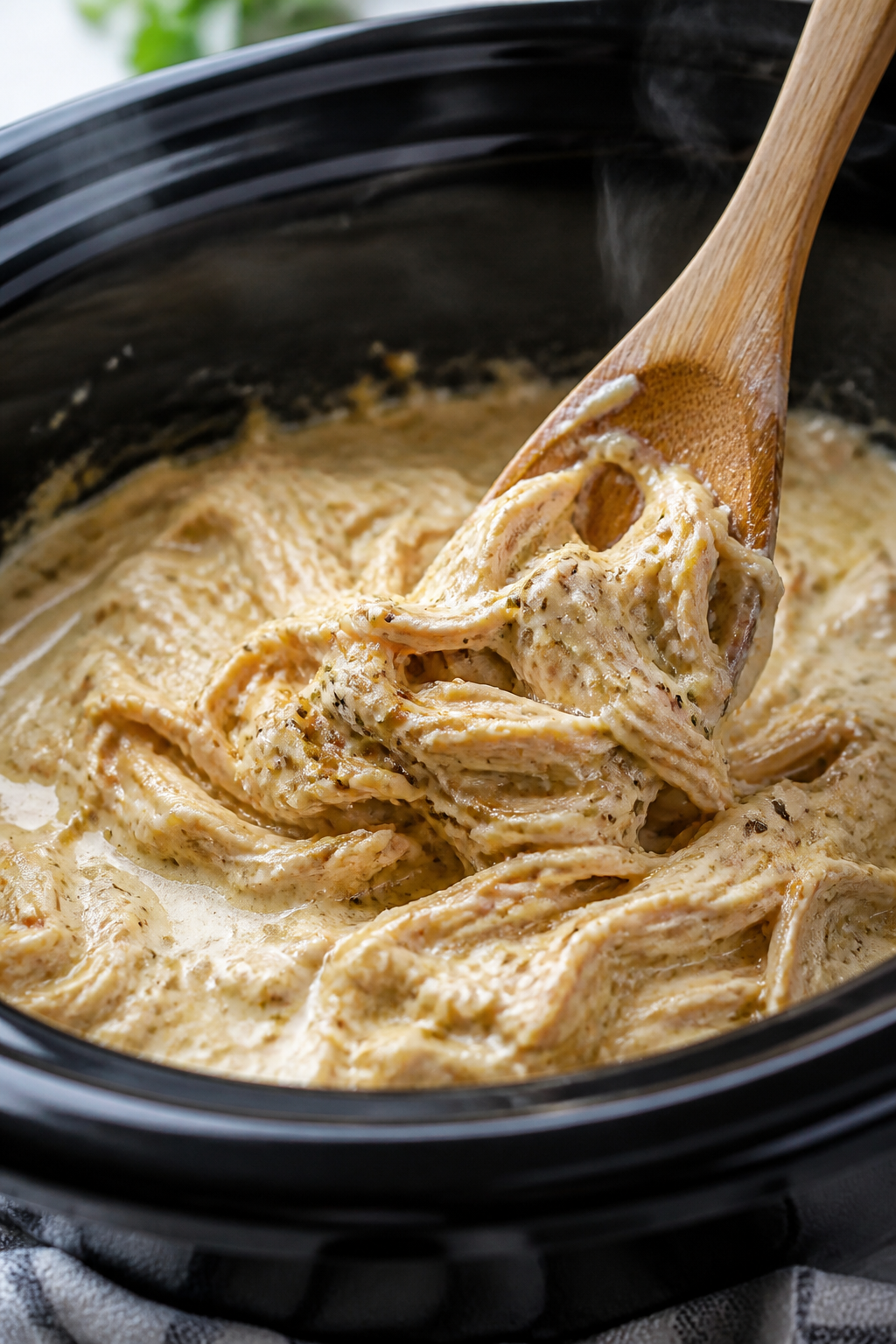 Cooking process close-up: Shredded slow-cooker chicken being folded back into a silky Alfredo base i