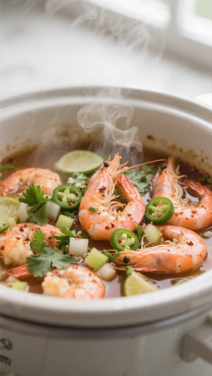 Cooking process close-up: Shrimp just turned pink and opaque in a slow cooker, bathed in a glossy ci