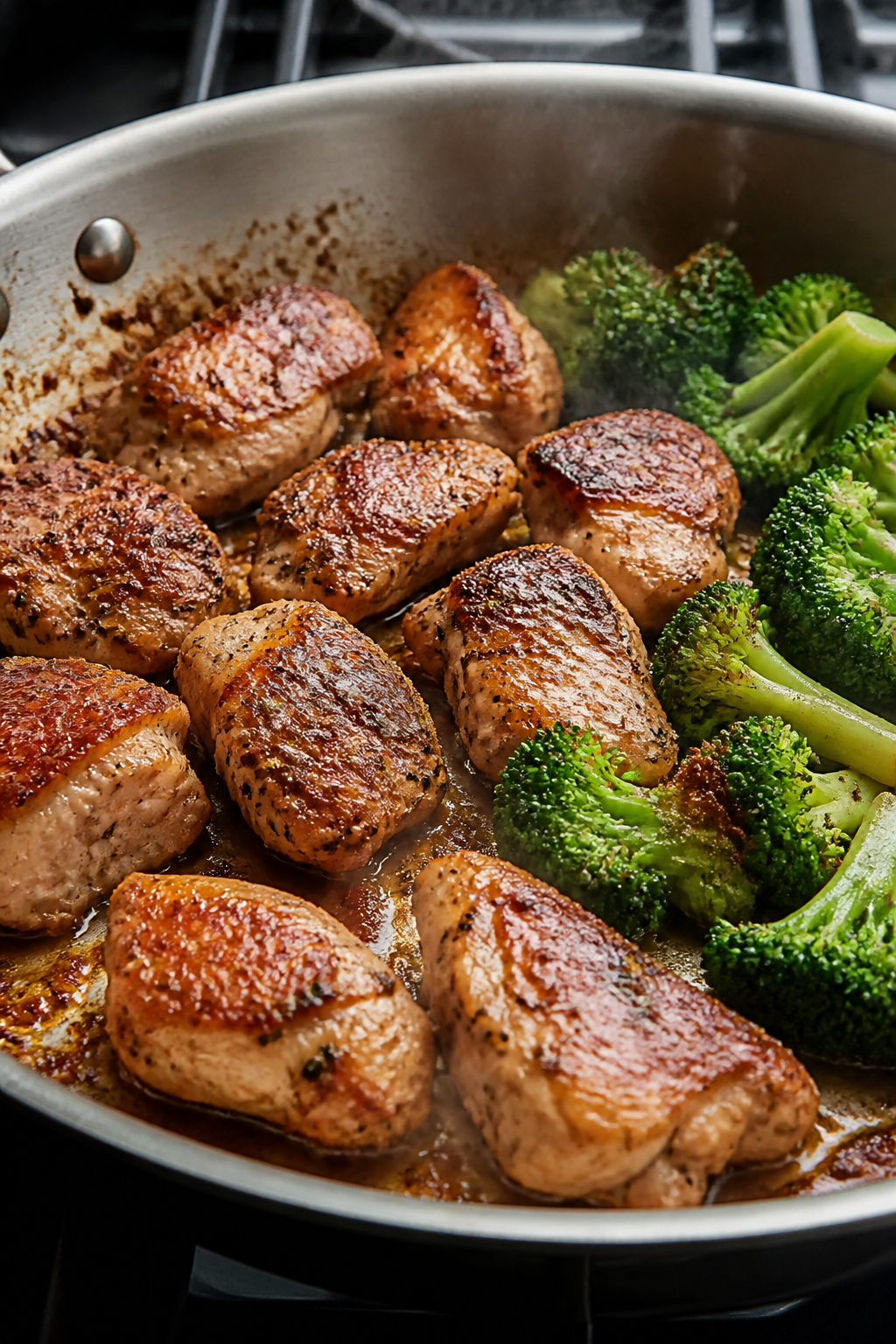 Cooking process close-up: Sizzling bite-size chicken thighs in a large skillet, golden sear on one s