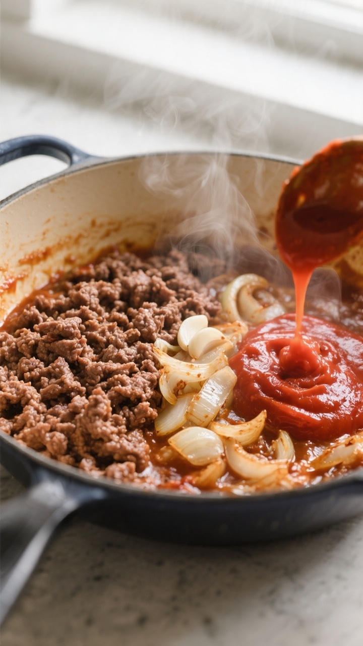 Cooking process close-up: Sizzling browned ground beef with crispy edges pushed to one side of a Dut