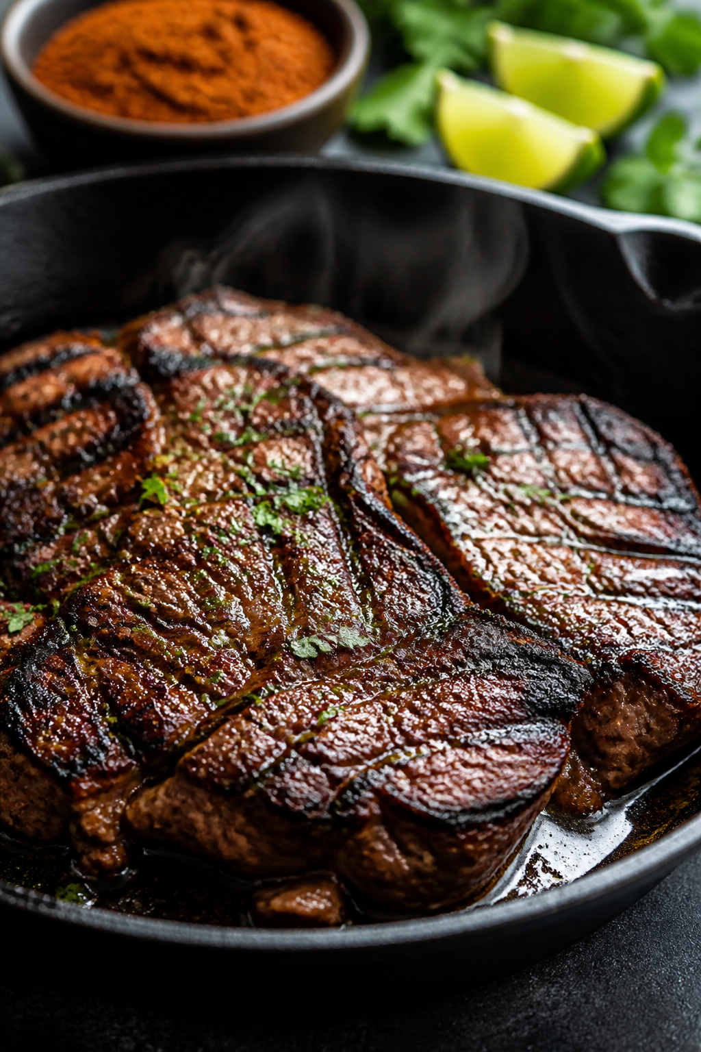 Cooking process close-up: Sizzling carne asada in a cast-iron skillet at medium-high heat, deep brow