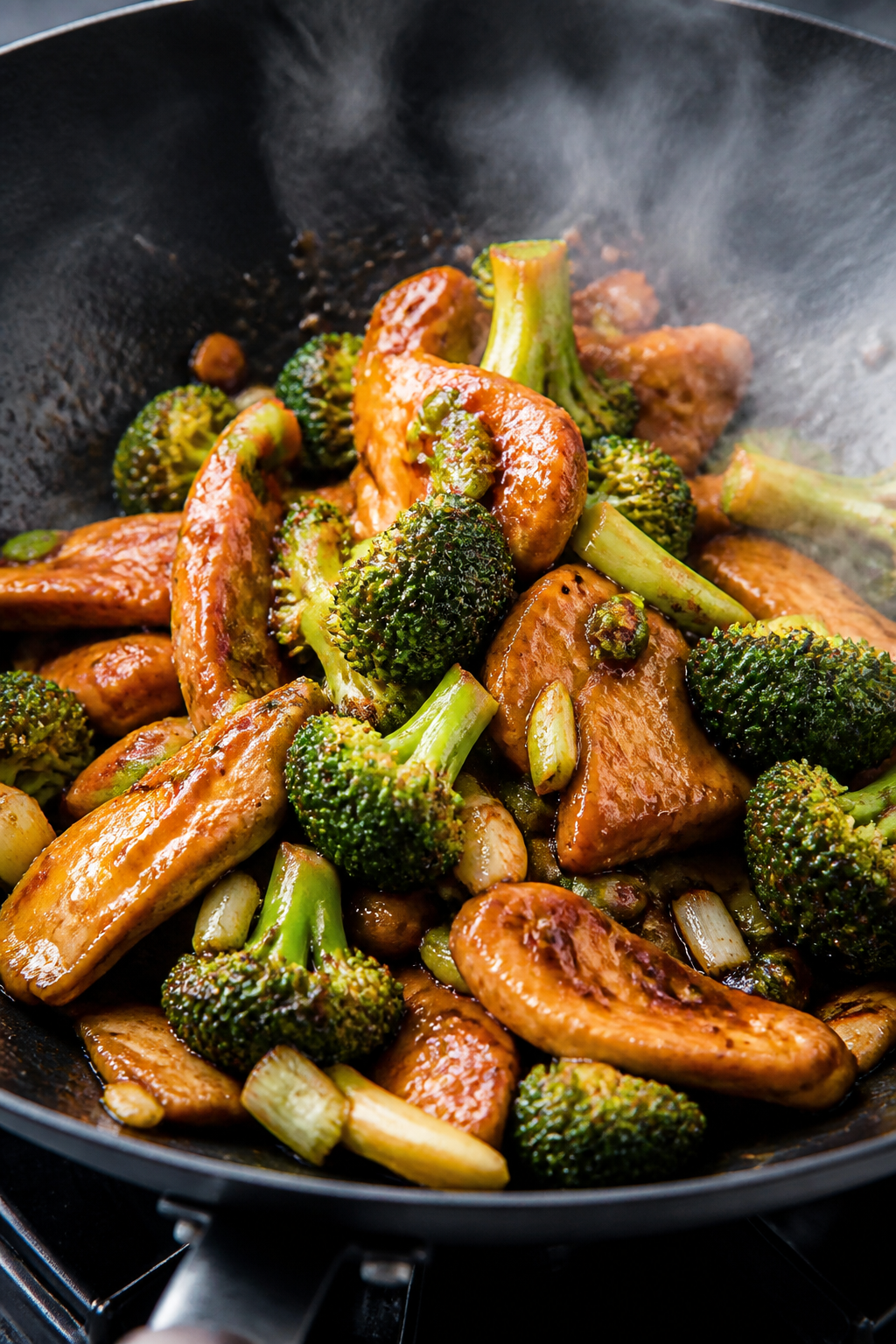 Cooking process, close-up: Sizzling chicken and broccoli stir fry in a blazing-hot wok, glossy soy-g