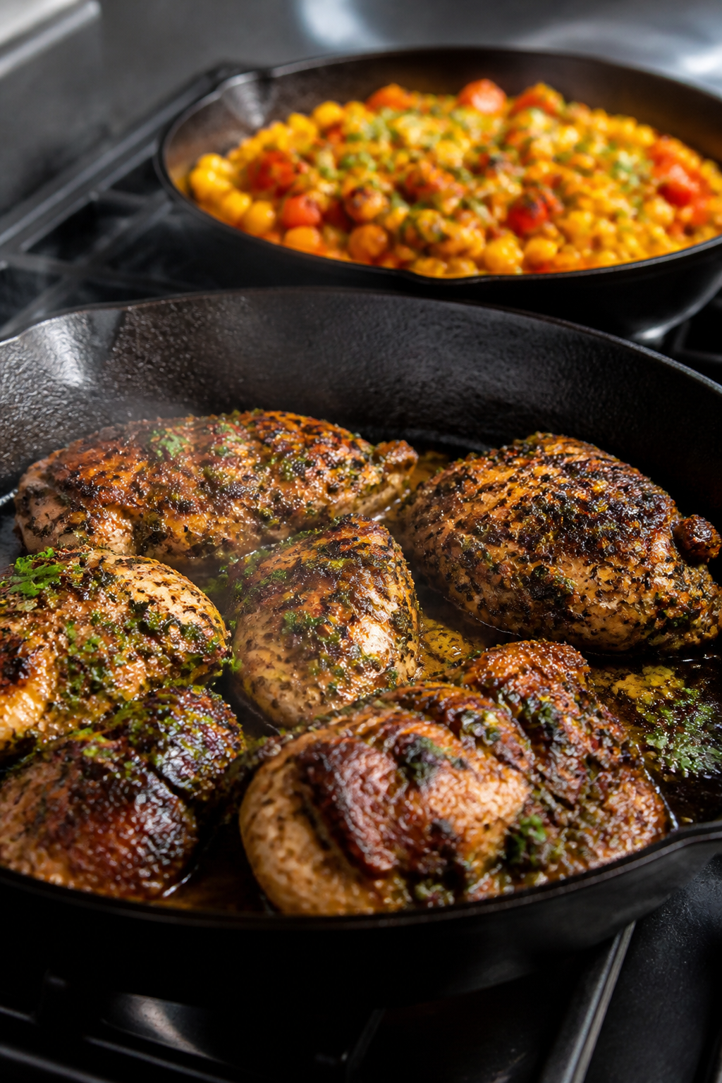 Cooking process close-up: Sizzling cilantro-lime marinated chicken thighs charring in a hot cast-iro