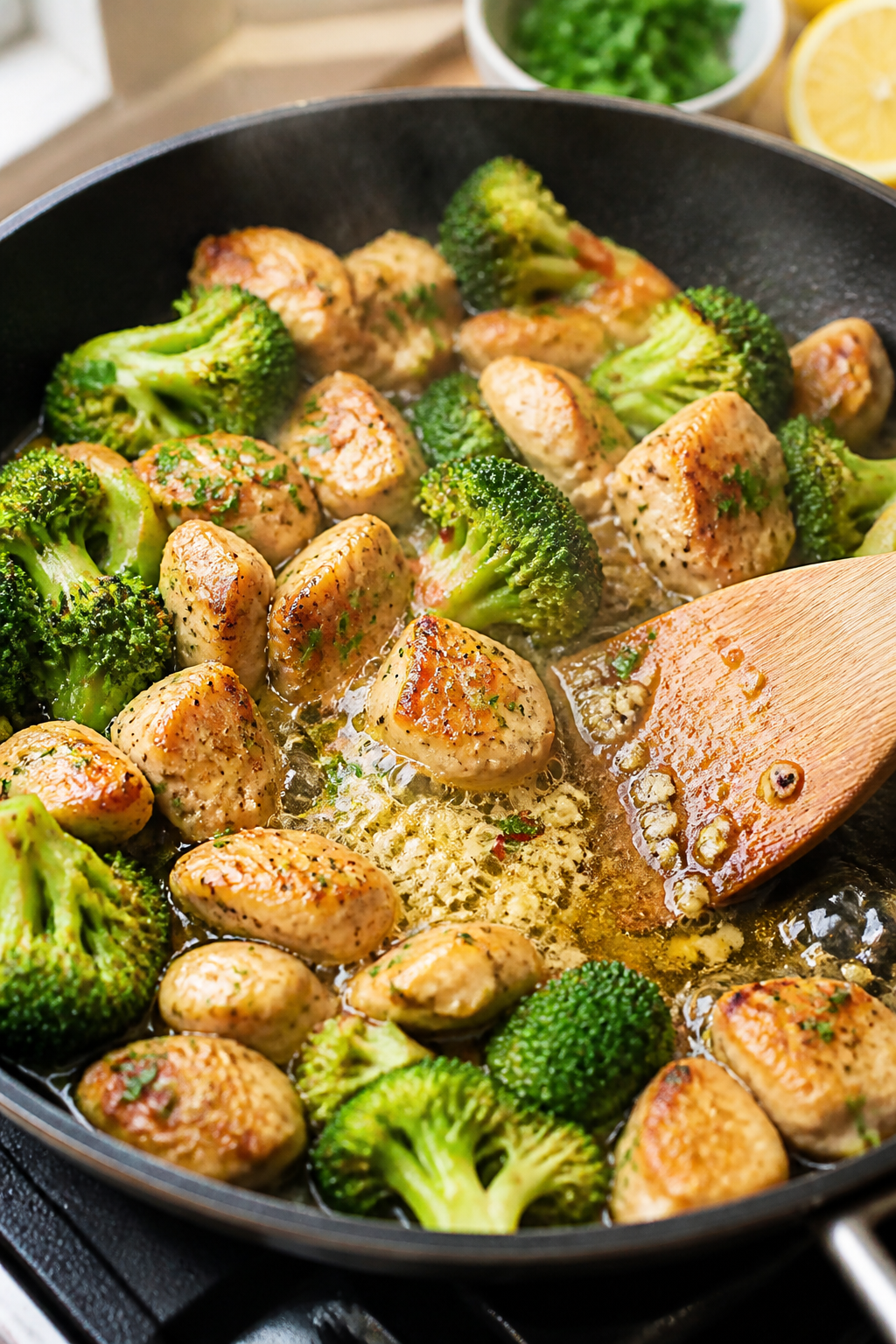 Cooking process close-up: Sizzling garlic butter chicken and broccoli in a large skillet, mid-cook.