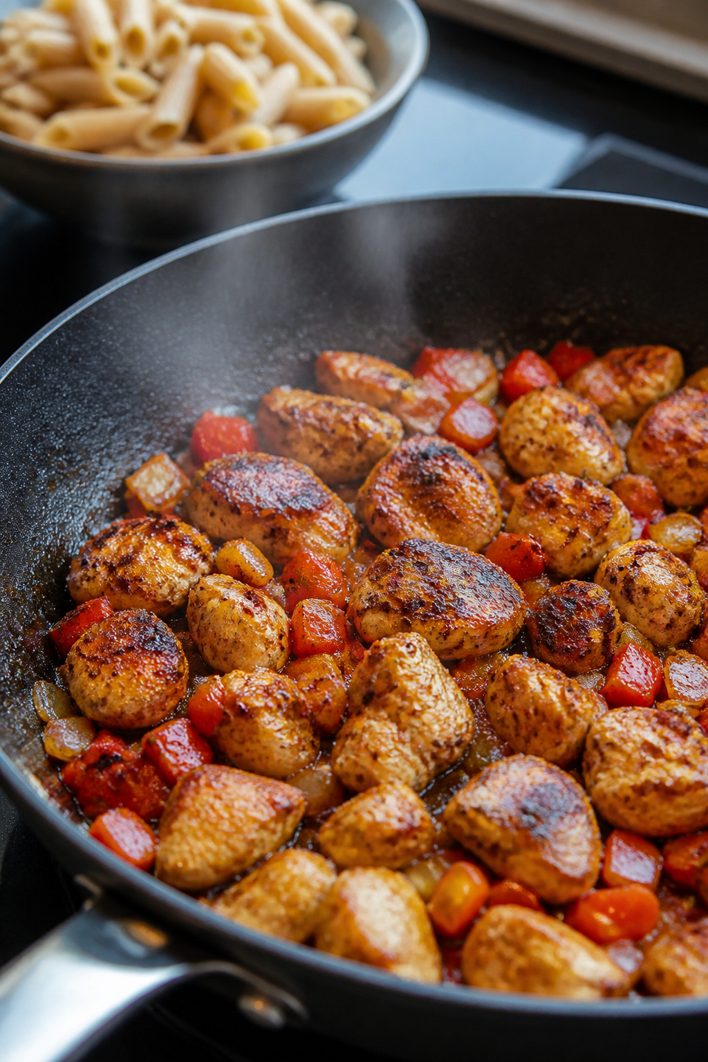 Cooking process, close-up: Sizzling Mexican-spiced chicken bites browning in a large skillet with so