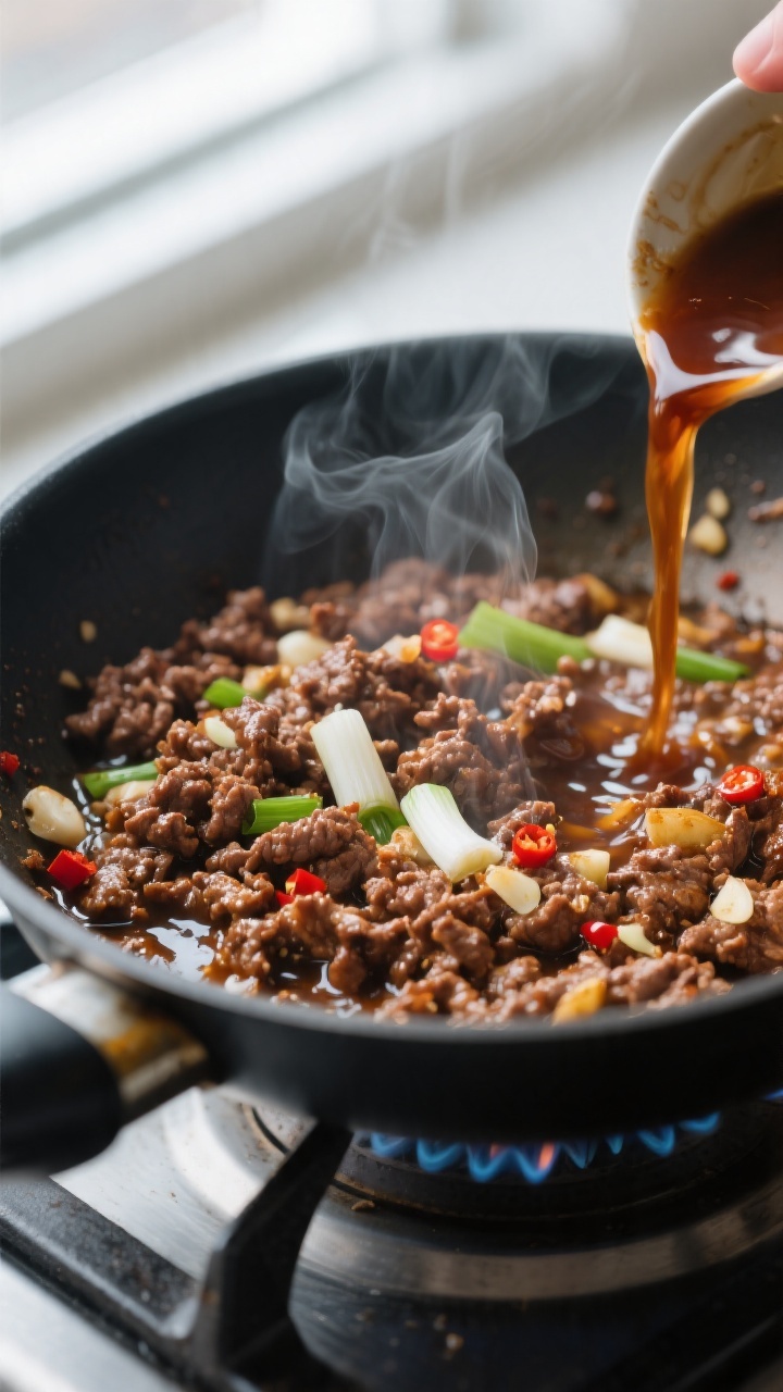 Cooking process close-up: Sizzling Mongolian ground beef browning in a large skillet over medium-hig