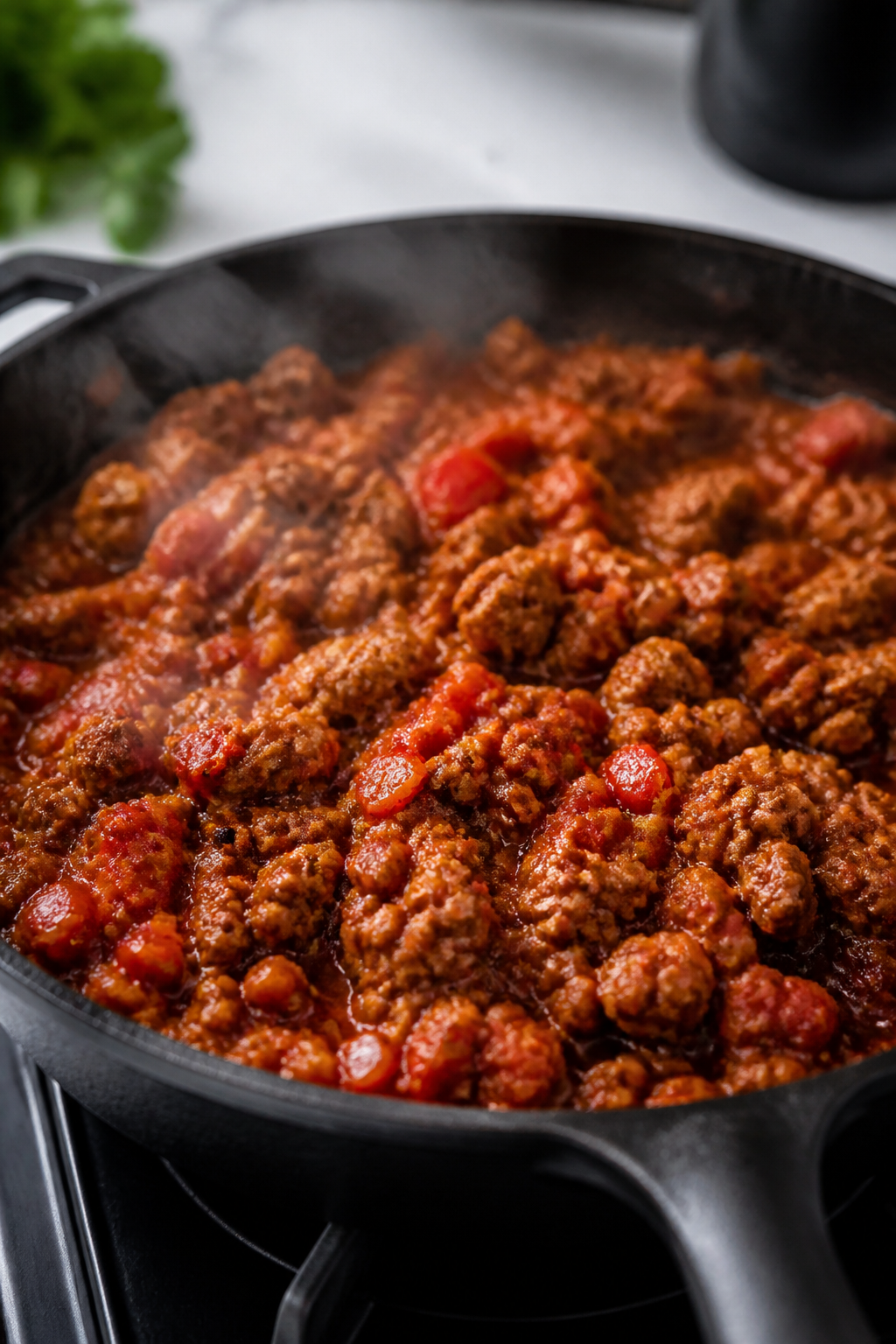 Cooking process close-up: Skillet of browned lean ground turkey simmering with tomato paste and taco