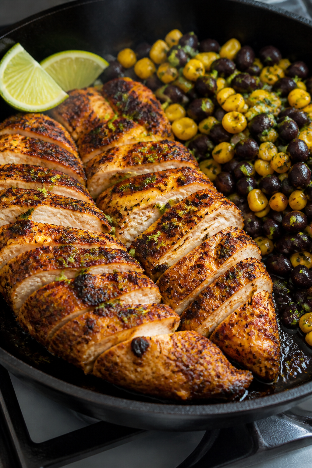 Cooking process close-up: Sliced chili-lime seasoned chicken sizzling in a cast-iron skillet, golden