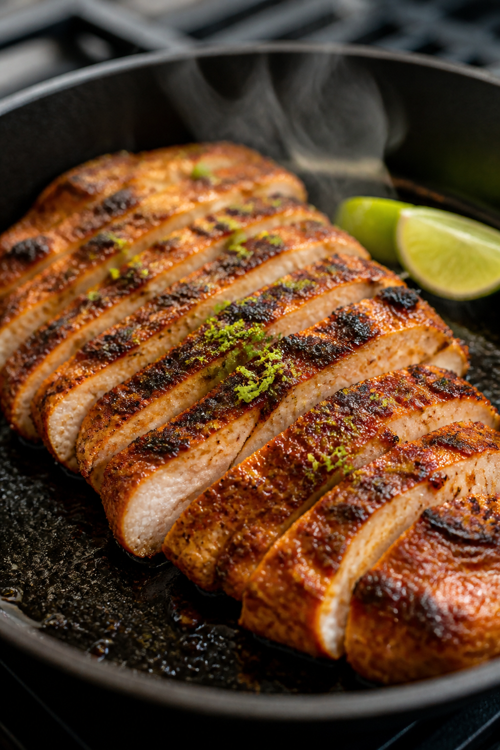 Cooking process close-up: Sliced chipotle-lime marinated chicken searing in a hot cast-iron skillet,
