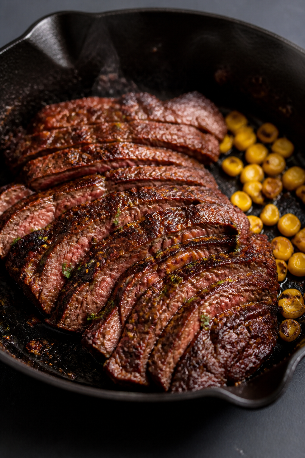 Cooking process close-up: Sliced flank steak searing in a ripping-hot cast-iron skillet, well-browne