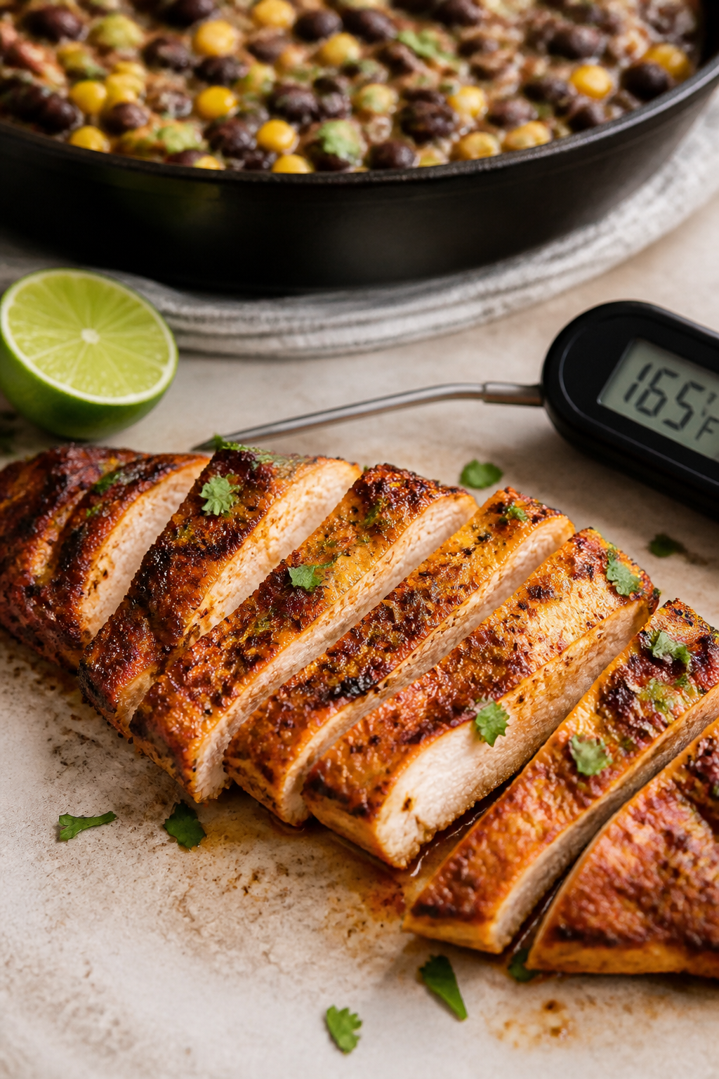 Cooking process close-up: Sliced, golden-brown chili-cumin chicken just off the skillet, juices glis