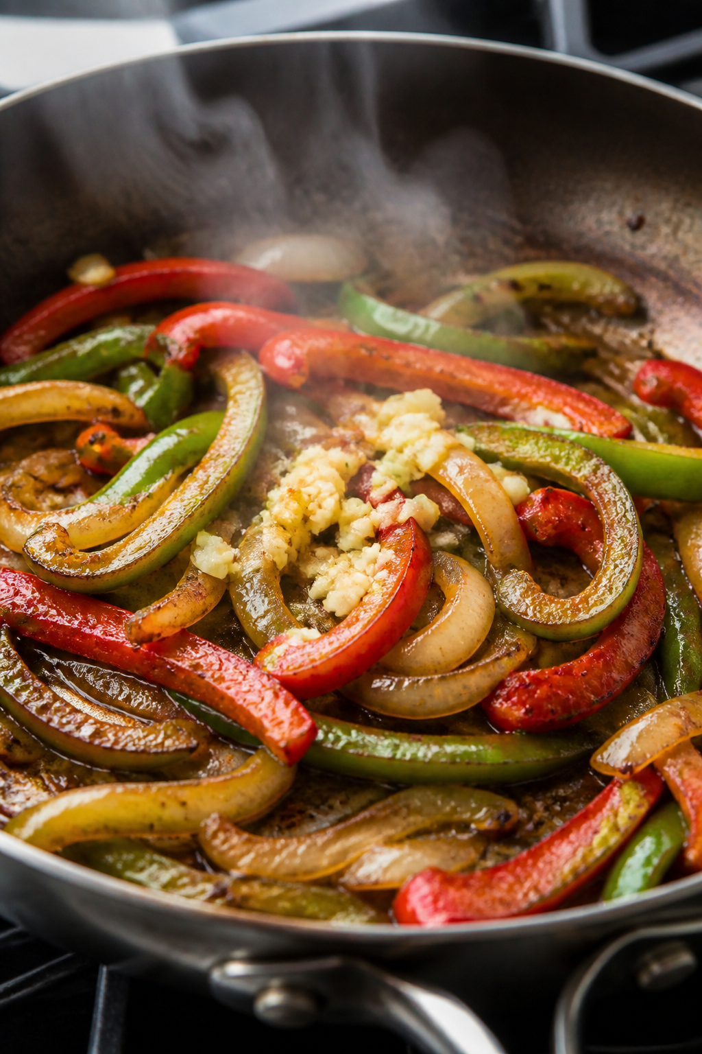 Cooking process close-up: Sliced green and red bell peppers with yellow onions sizzling in a large s