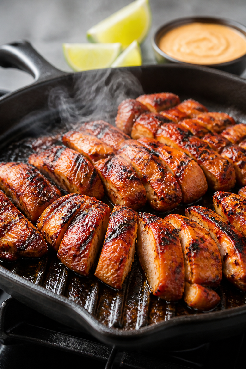 Cooking process close-up: Sliced grilled chicken thighs sizzling on a cast-iron grill pan, deep char