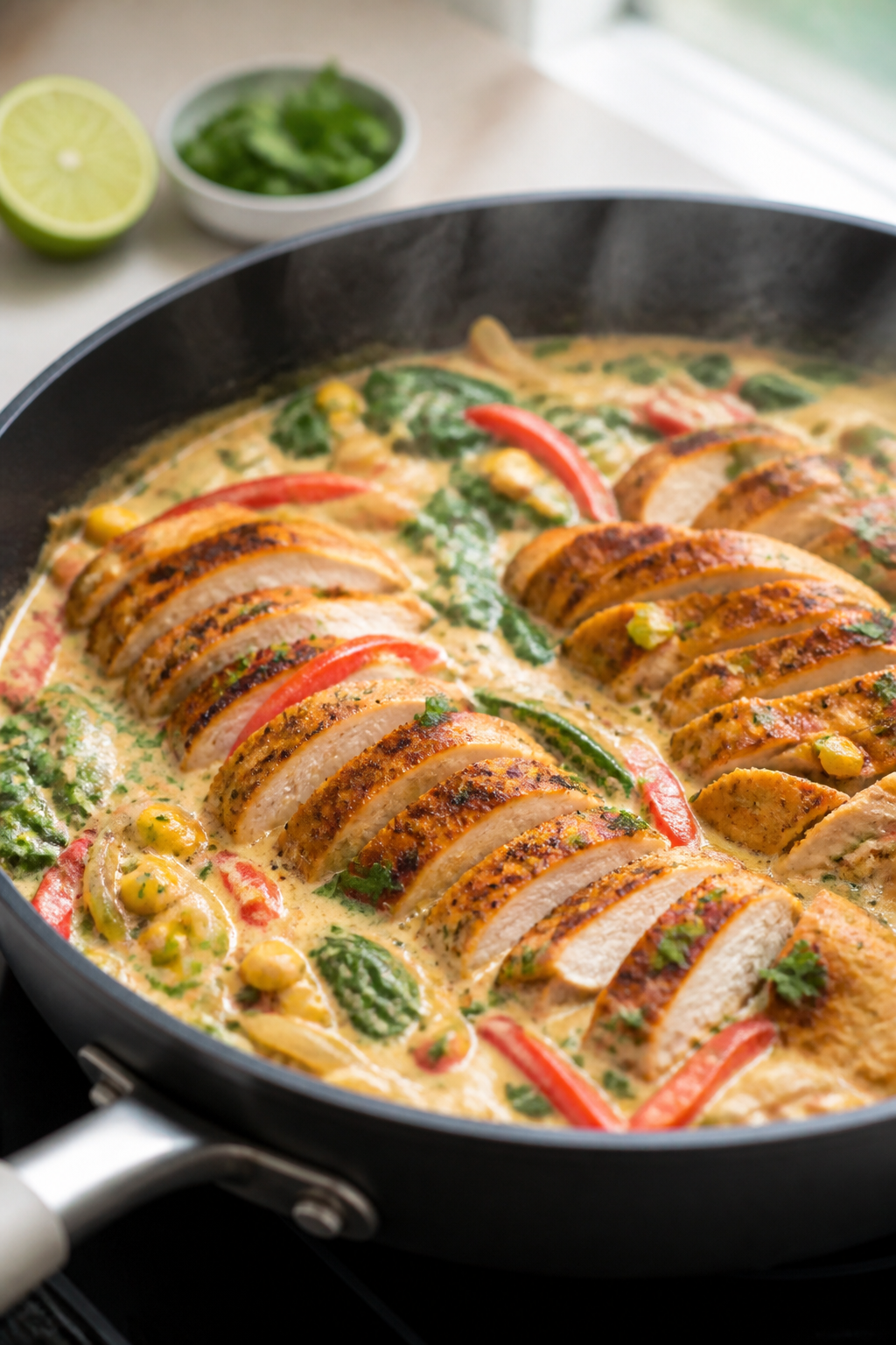 Cooking process close-up: Sliced, spice-rubbed chicken just seared and returned to a large skillet o