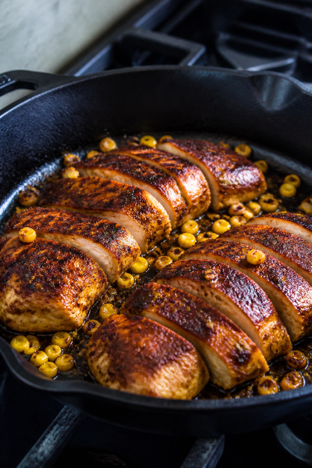 Cooking process close-up: Sliced, spice-rubbed chicken breasts searing in a cast-iron skillet until