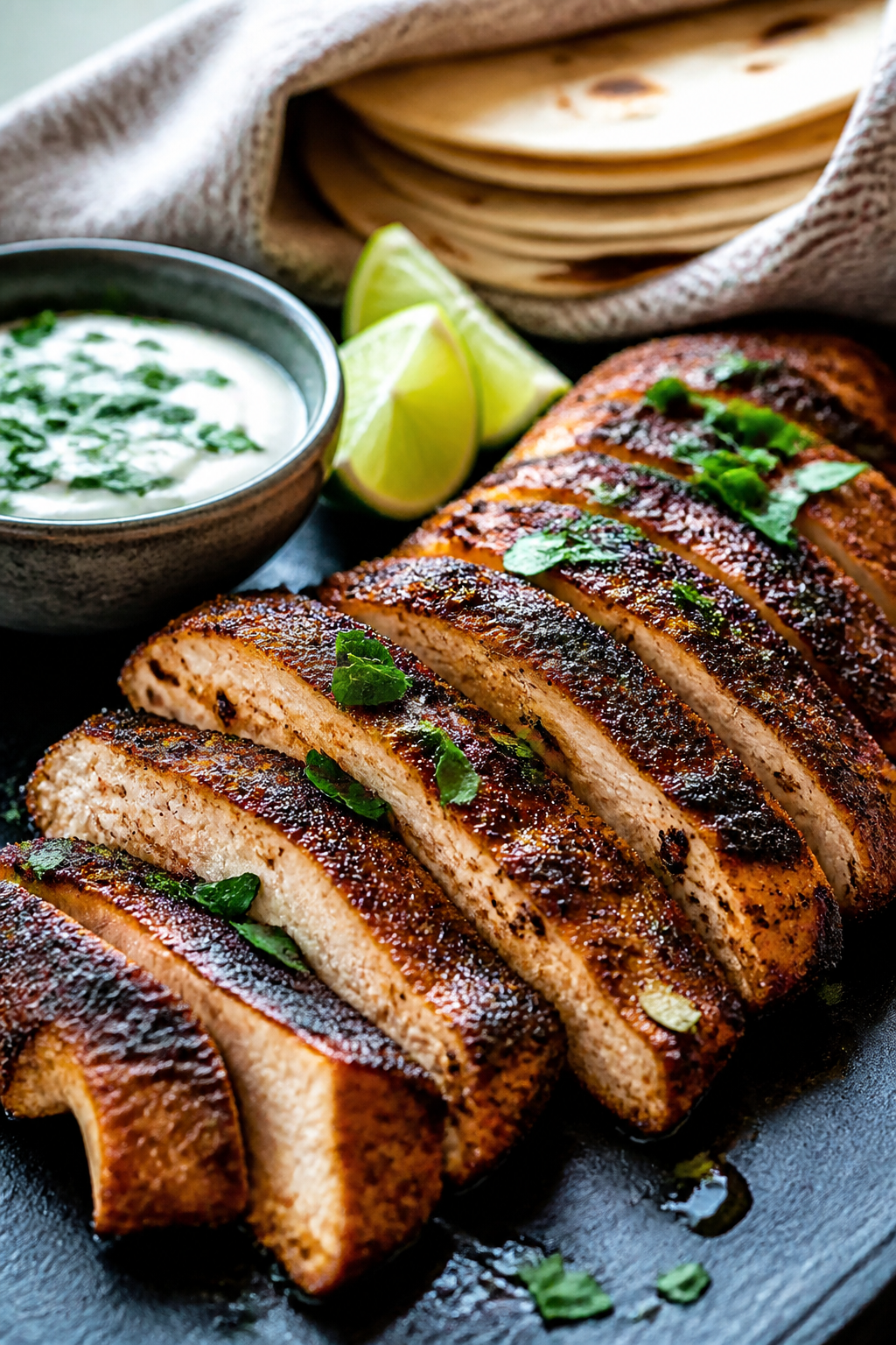 Cooking process close-up: Sliced, well-browned Mexican-spiced chicken just off the skillet, glisteni