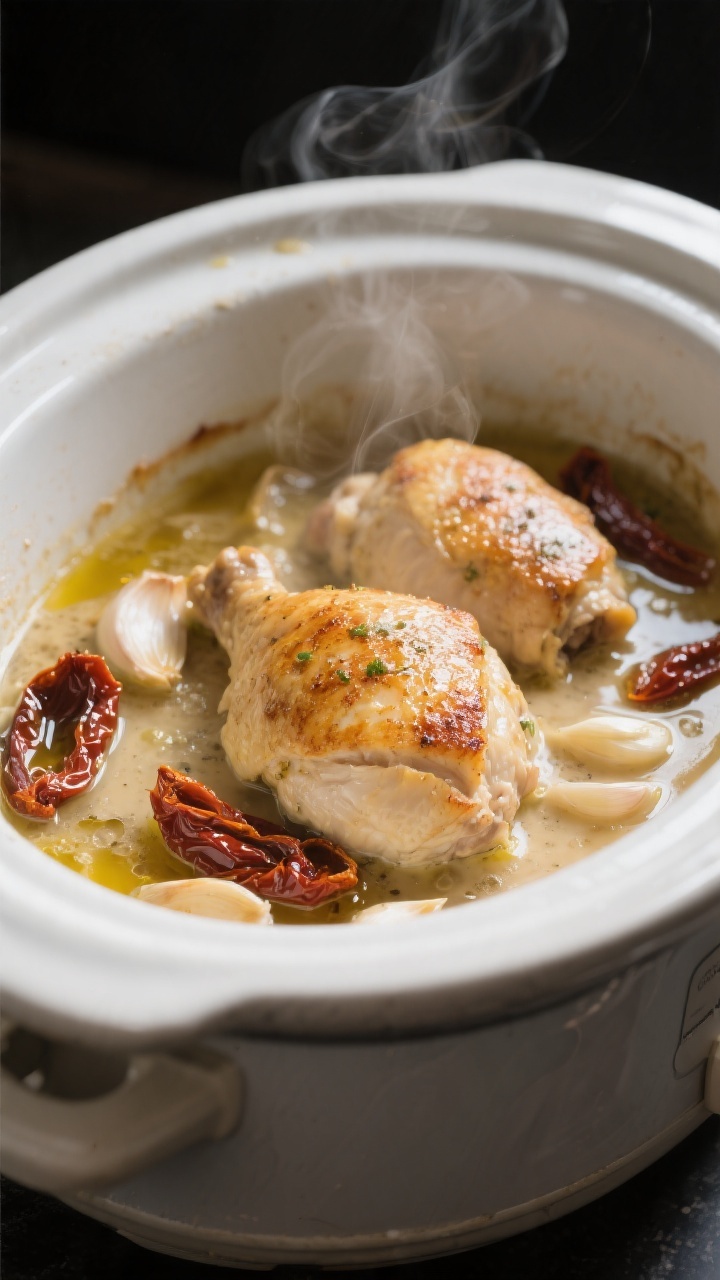 Cooking process close-up: Slow cooker creamy Tuscan chicken mid-cook with tender, lightly golden sea