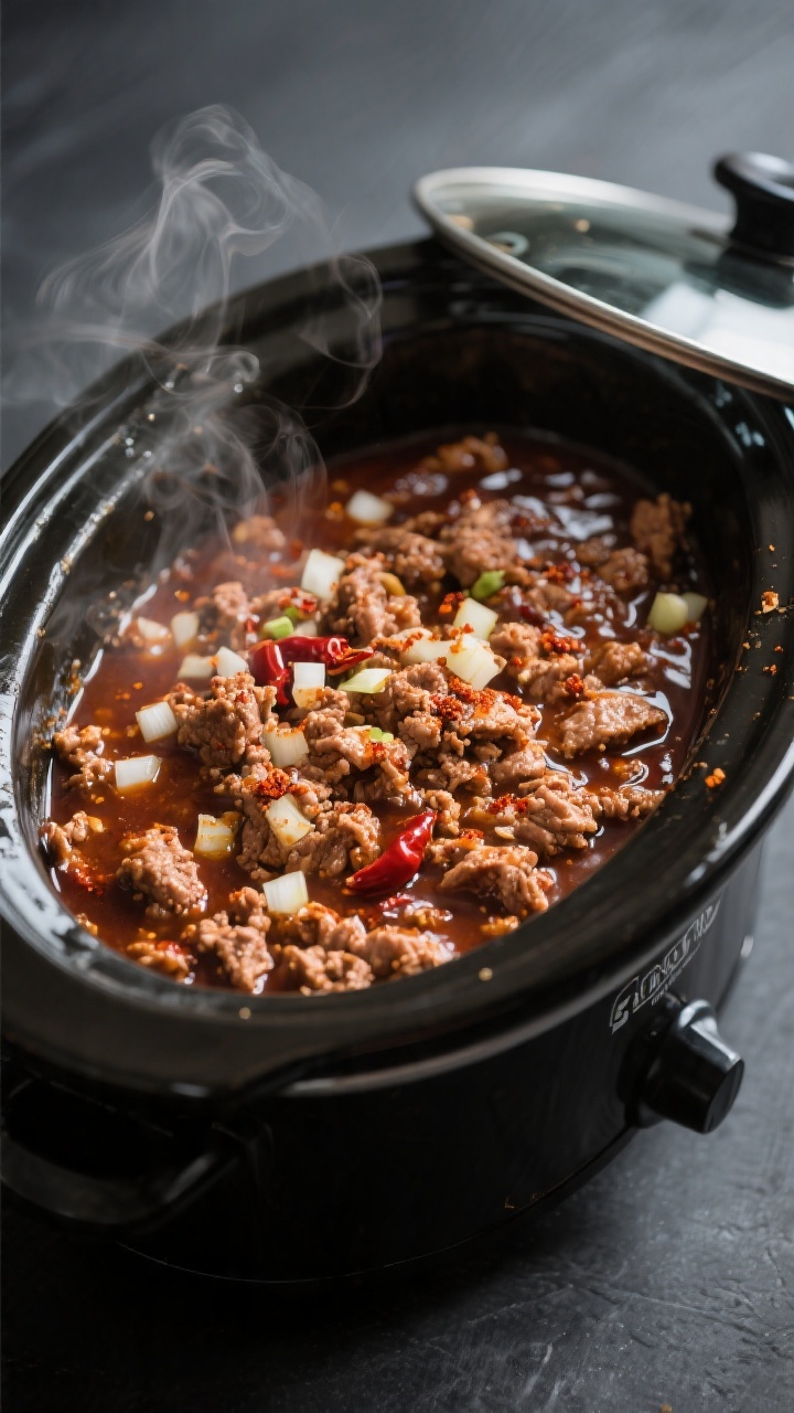 Cooking process close-up: Slow cooker filled with browned ground turkey simmering in a glossy BBQ sa