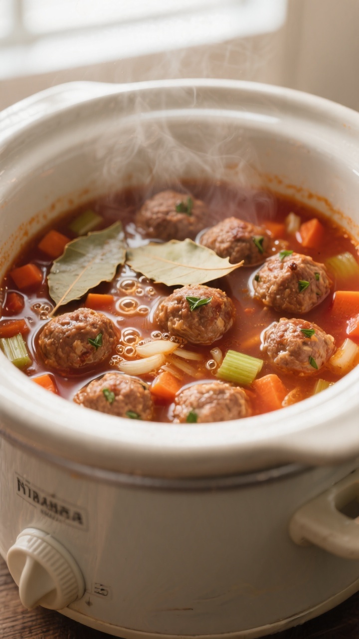 Cooking process close-up: Slow cooker filled with simmering Italian turkey meatball soup, showing te