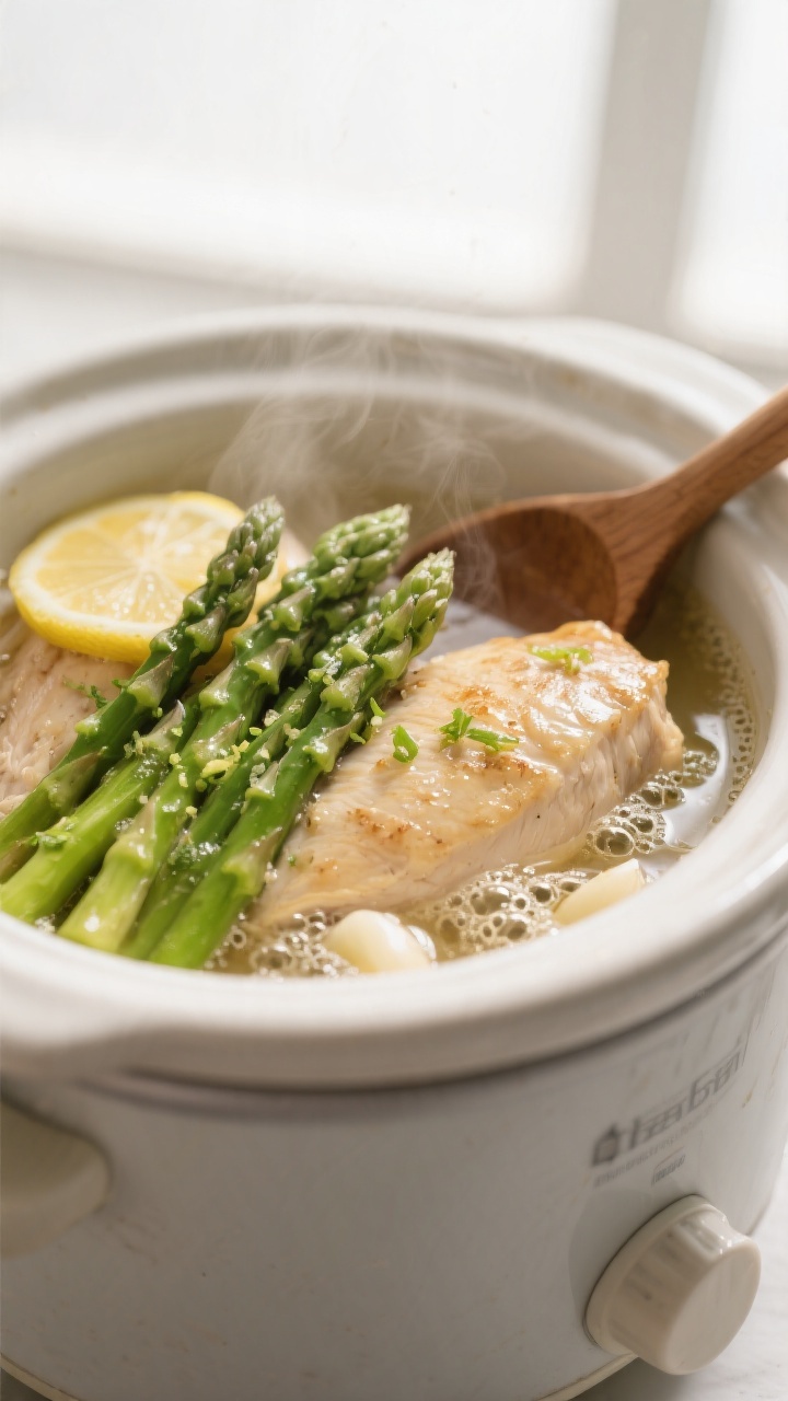 Cooking process, close-up: Slow cooker scene with tender, fully cooked chicken breasts nestled in a 