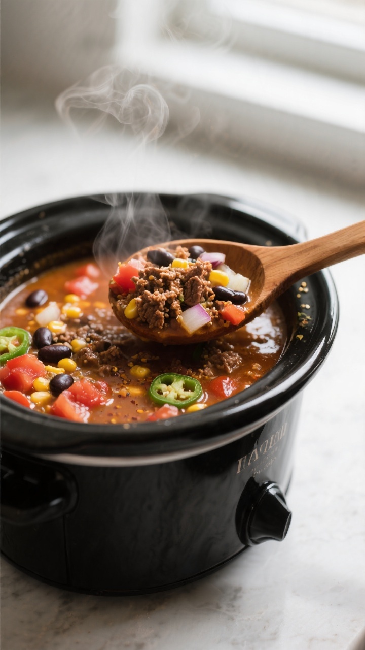 Cooking process close-up: Slow cooker taco soup simmering in a matte black crock, surface bubbling g