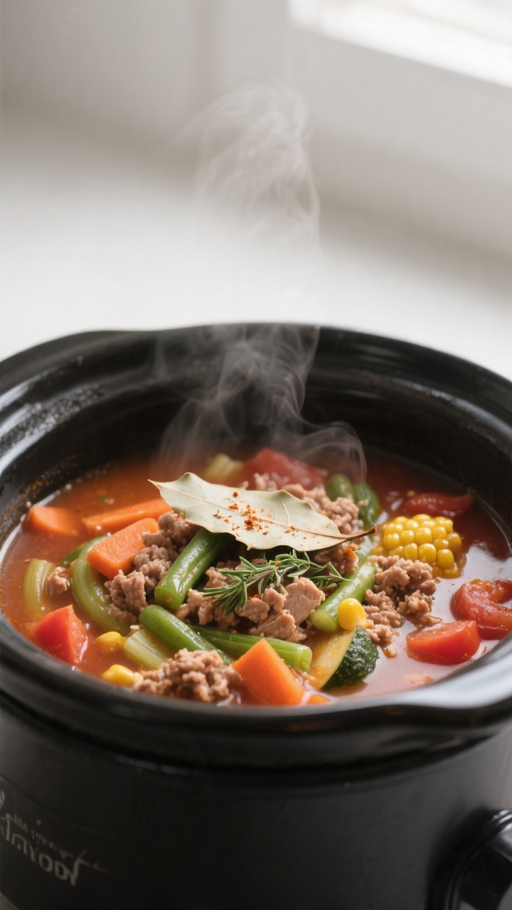 Cooking process close-up: Slow cooker turkey and veggie soup simmering in a matte-black ceramic croc