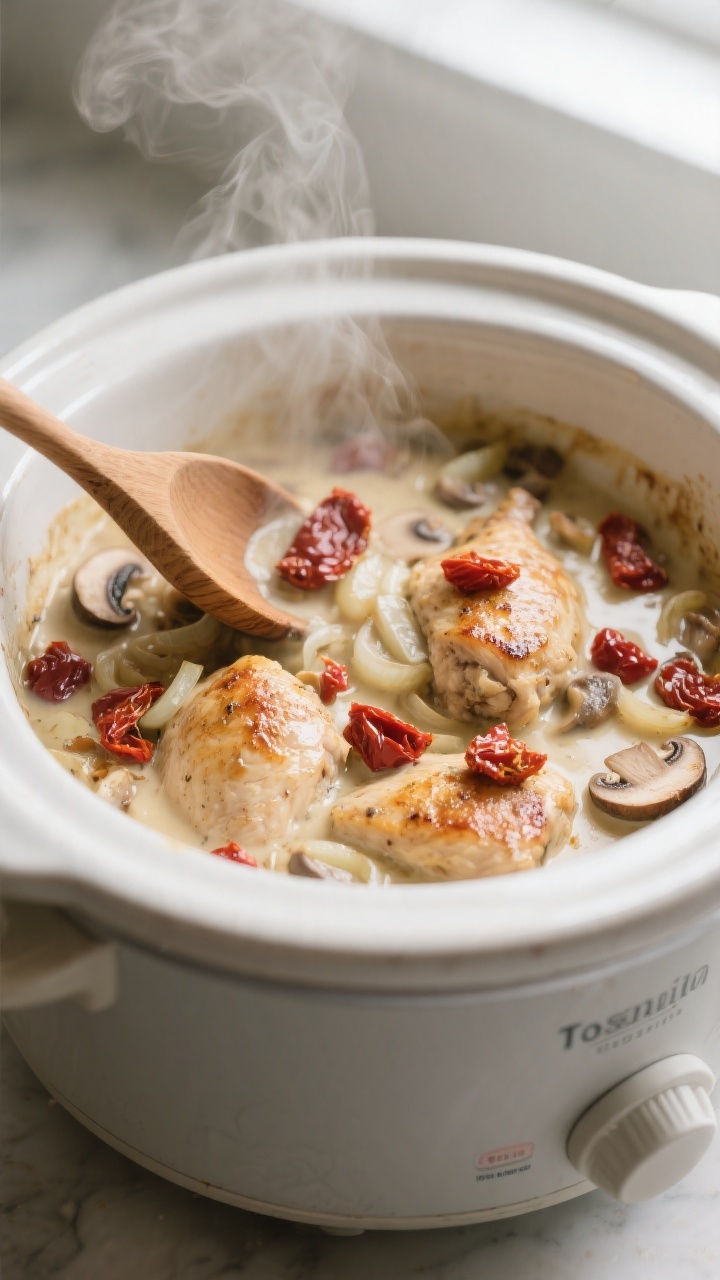 Cooking process close-up: Slow cooker Tuscan chicken mid-cook, tender seared chicken pieces nestled 