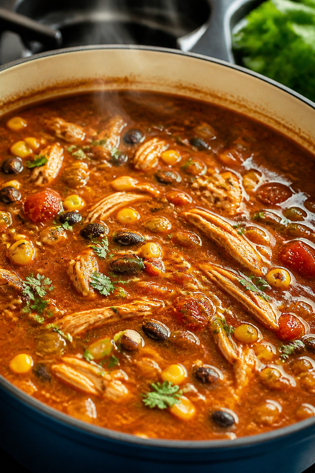 Cooking process, close-up: Steam-kissed shot of Healthy Chicken Enchilada Soup simmering in a wide, 