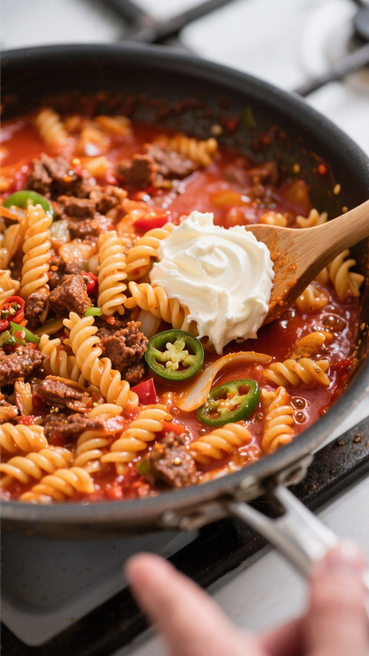 Cooking process close-up: Taco Pasta simmering in a deep skillet as the dry rotini cooks directly in