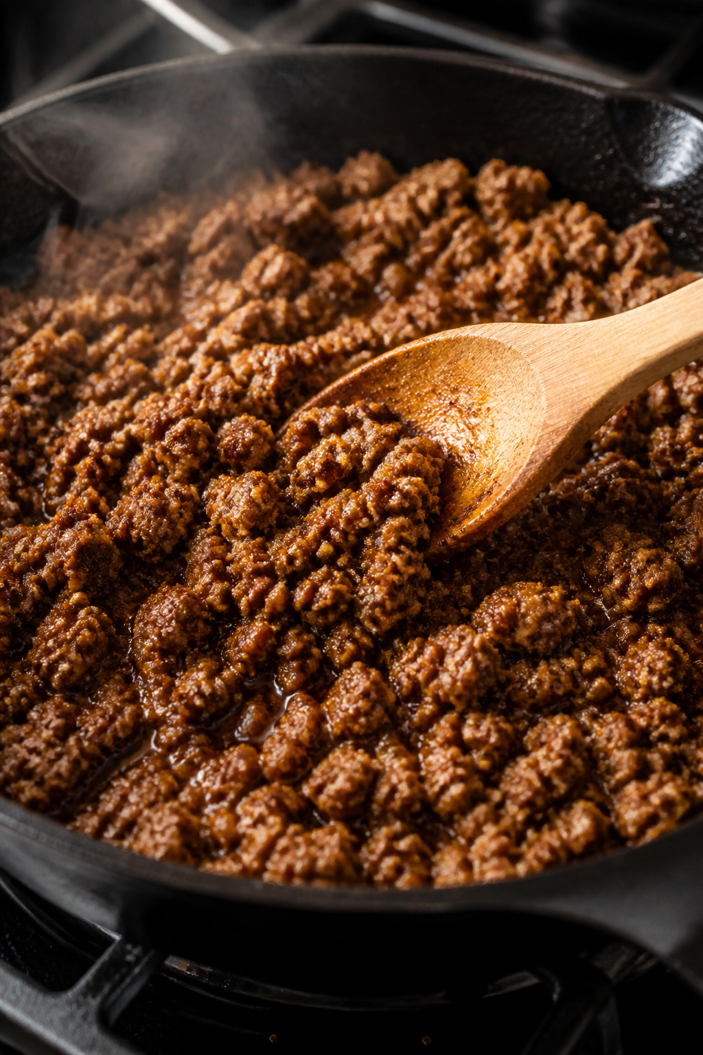 Cooking process close-up: Taco-seasoned ground beef sizzling in a cast-iron skillet, richly browned