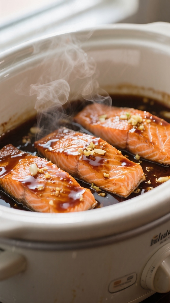 Cooking process close-up: Tender, just-cooked salmon portions resting in a slow cooker bath of gloss