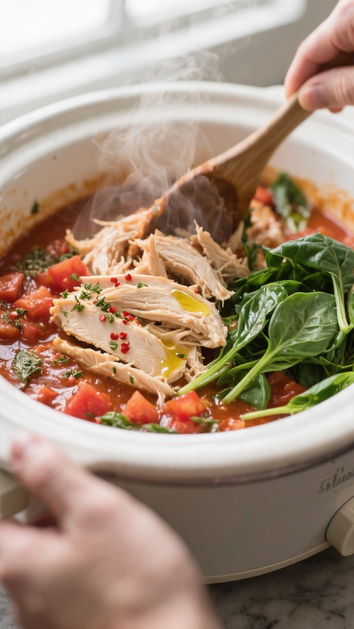 Cooking process close-up: Tender shredded chicken being folded back into a rich tomato-herb sauce in