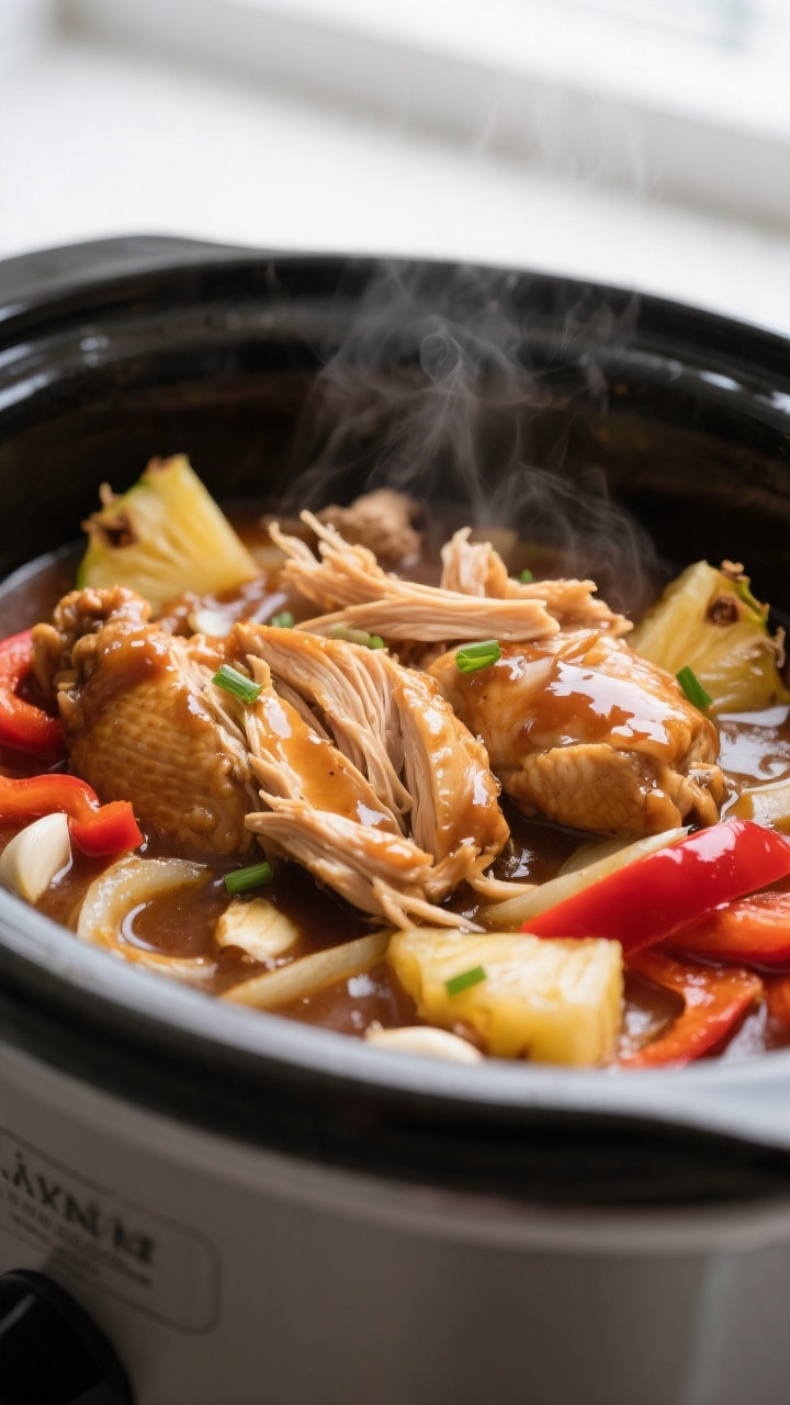 Cooking process close-up: Tender shredded chicken thighs being folded back into a glossy, thickened 