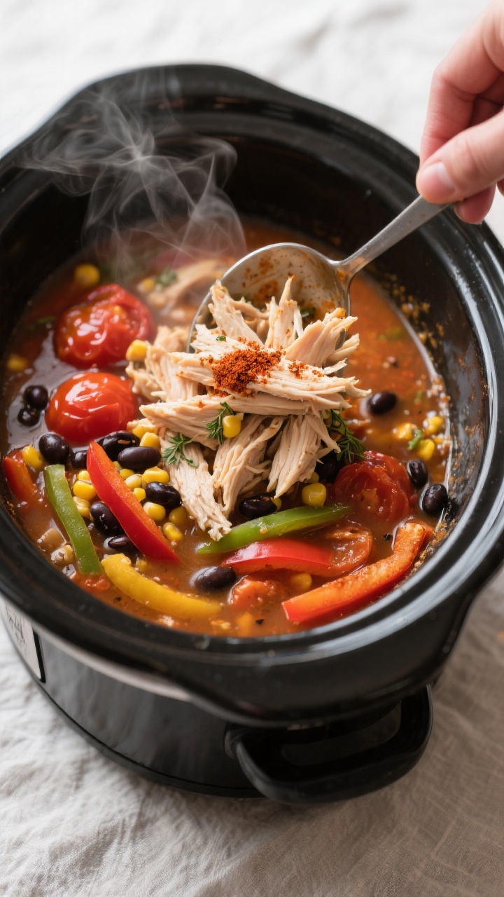 Cooking process close-up: Tender shredded chicken being stirred back into a simmering slow cooker of