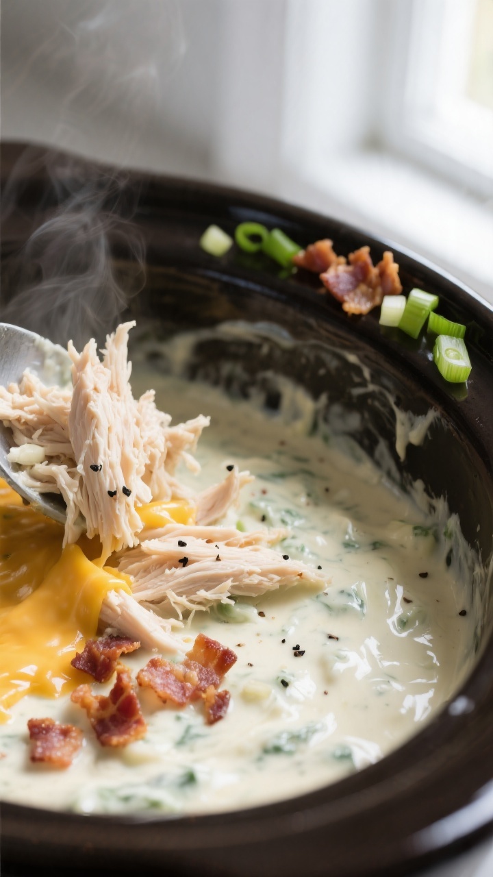 Cooking process close-up: Tender shredded chicken being folded back into a creamy ranch-cream cheese