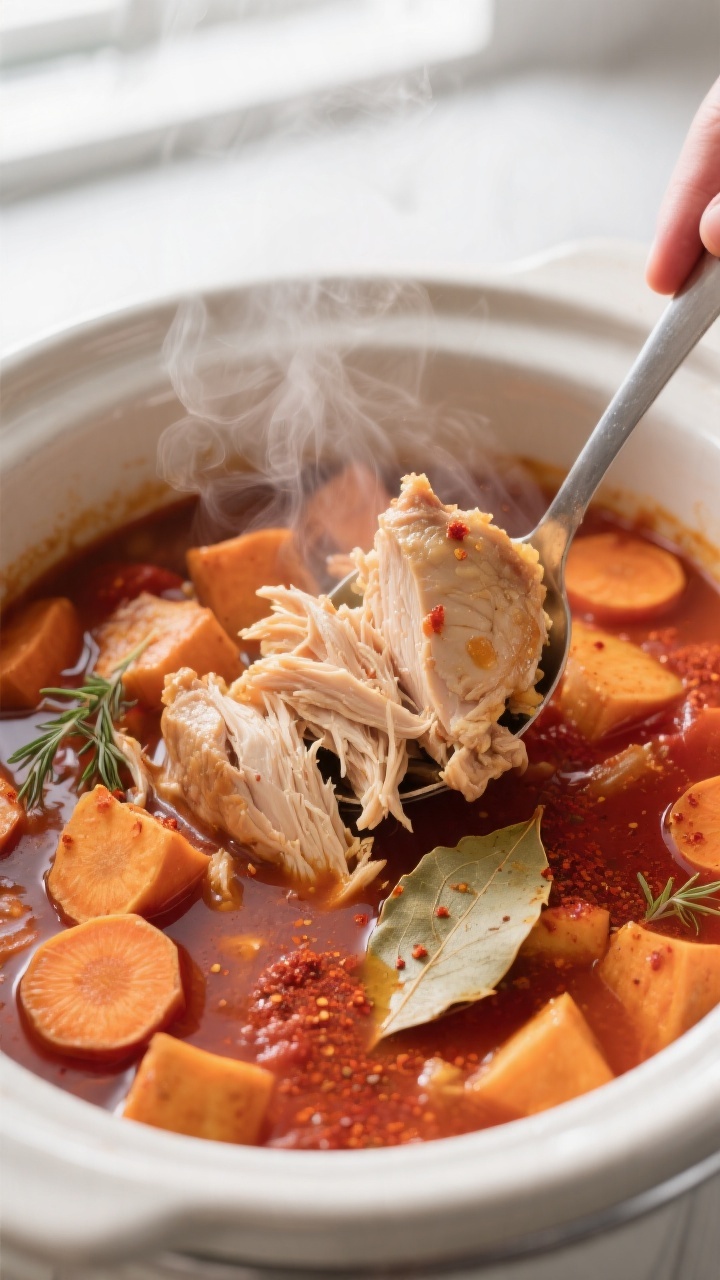 Cooking process, close-up: Tender shredded chicken thighs being folded back into a simmering slow co