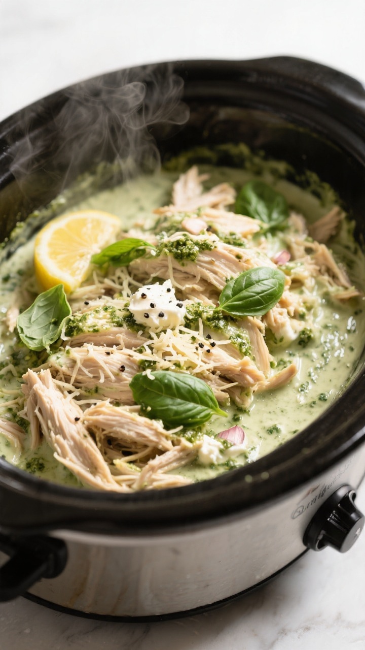 Cooking process close-up: Tender shredded crockpot pesto chicken just after slow cooking, glistening